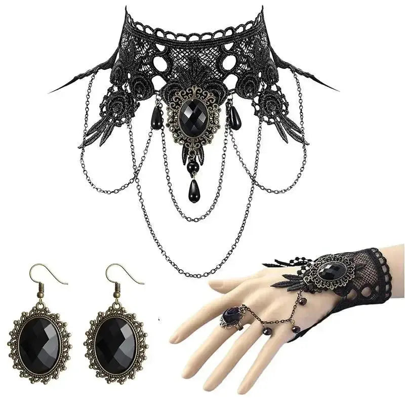 NEW Gothic Victorian Black Water Drop Pendant Lace Necklace Women Girl Tassel Steampunk Style Halloween Jewelry Earings for Girl Classicenvision