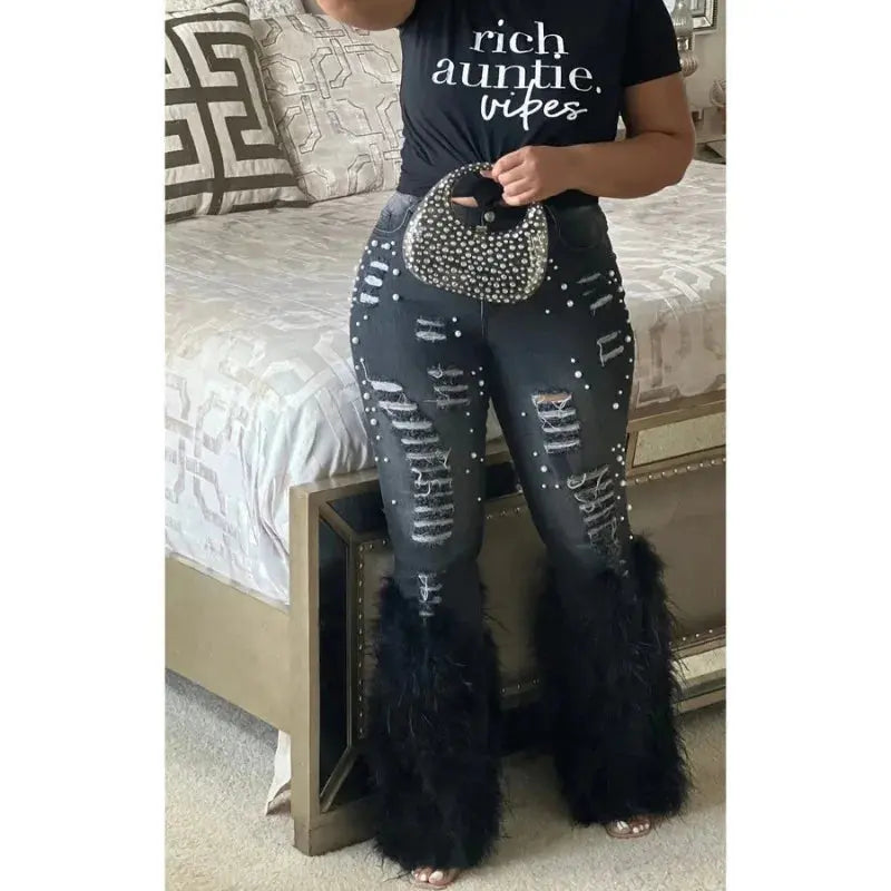 Feathers and Pearls Denim Pants - Classicenvision