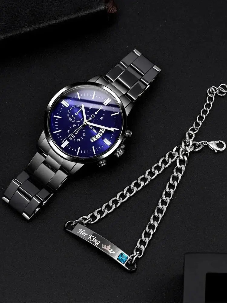 2PCs Men's Business Gentleman Steel Band Calendar Quartz Watch+Chain Bracelet Set Watch Classicenvision