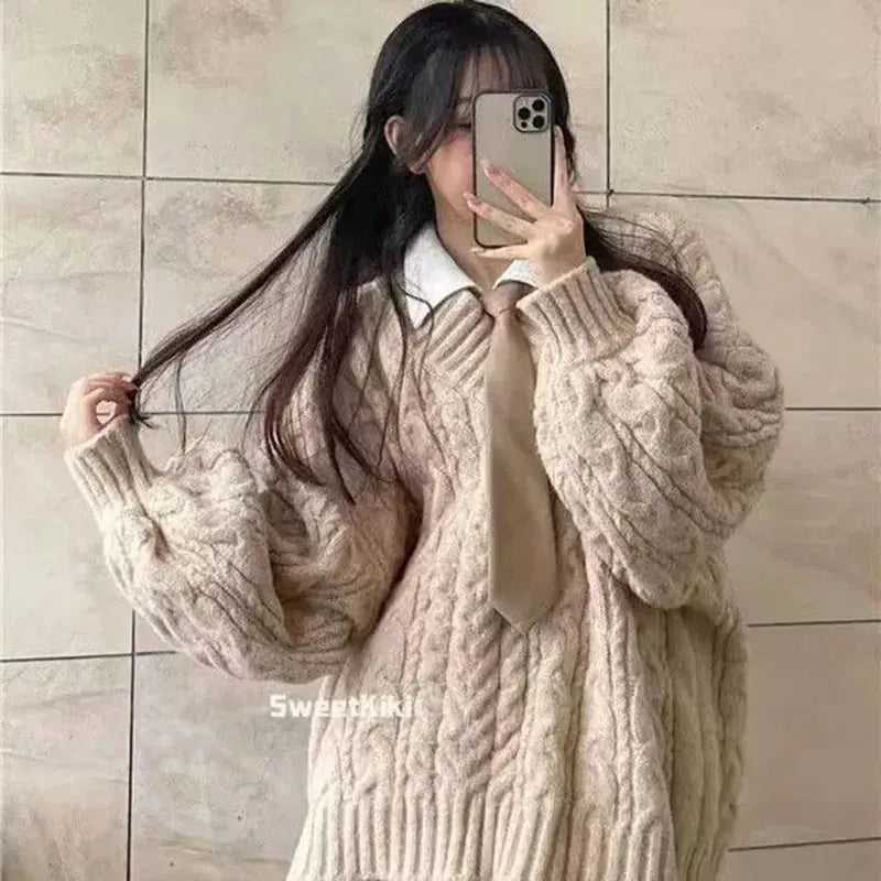 Autumn Winter Women Sweater Harajuku Oversized Knitted Pullovers Korean Long Sleeve V Neck Knitwear Preppy Solid Loose Jumper Classicenvision