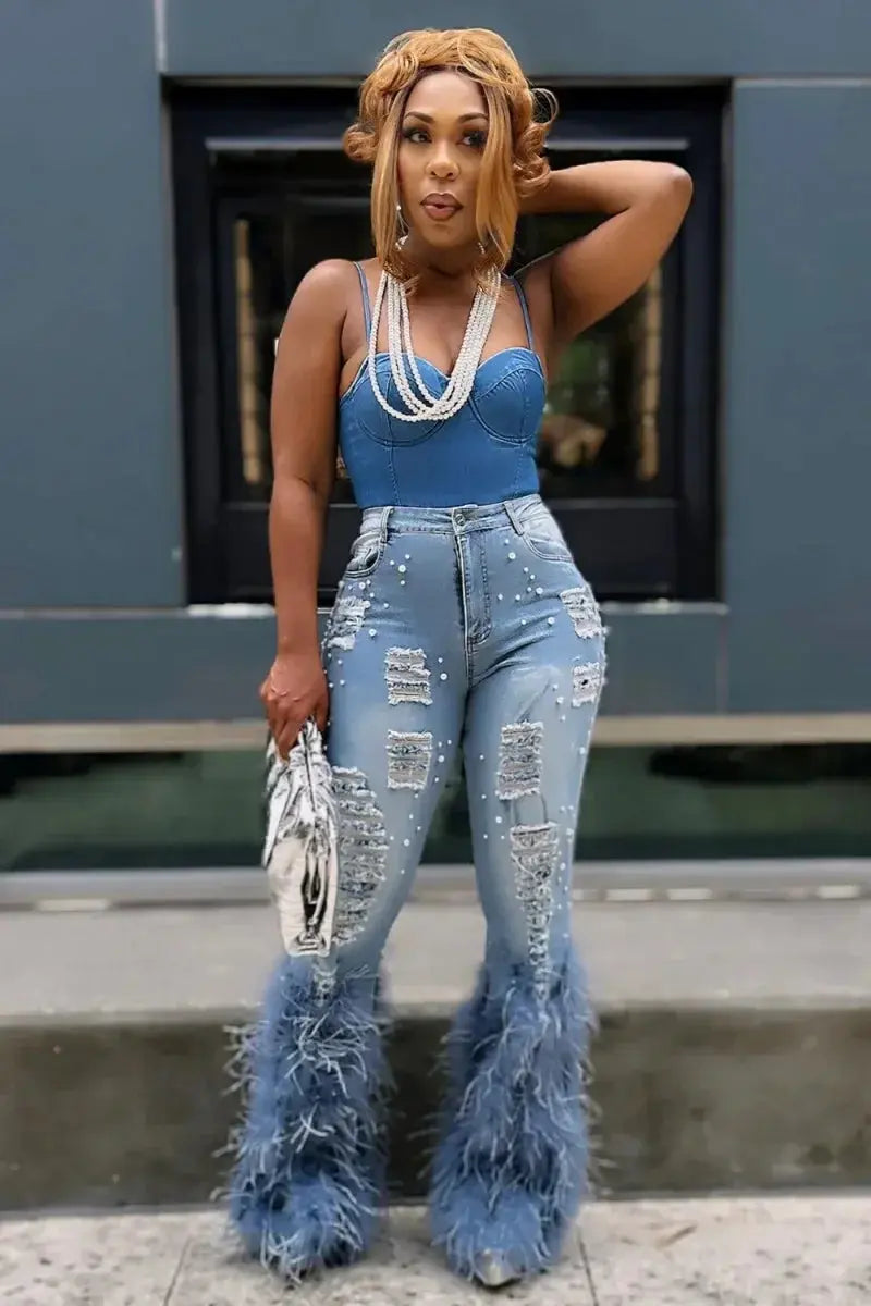 Feathers and Pearls Denim Pants - Classicenvision