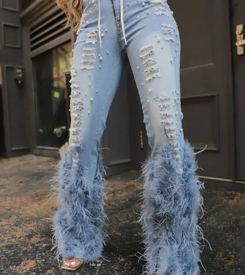 Feathers and Pearls Denim Pants - Classicenvision