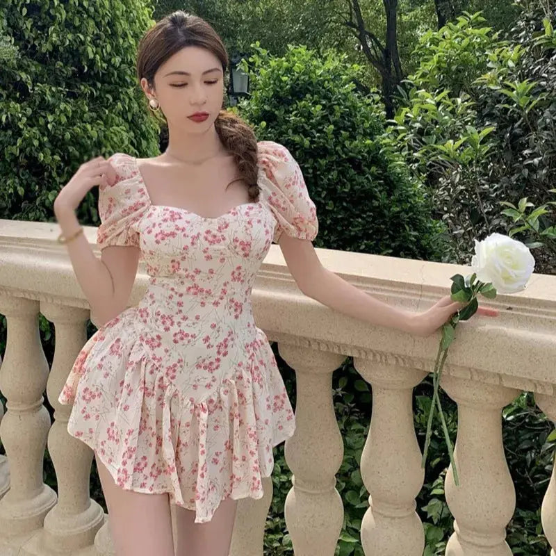 Women's Floral Dress French Style Ruffled Puff Sleeve Square Neck High Waist Casual Summer Short Chiffon Dress Classicenvision