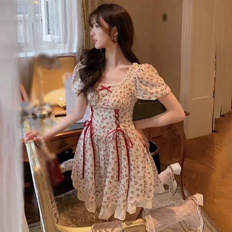 Summer Floral Printing Women's Puff Sleeve Cute Bow Tie Lace Ruffle Dress Sweety's Short Princess Dress Soft Cotton Breathable Classicenvision