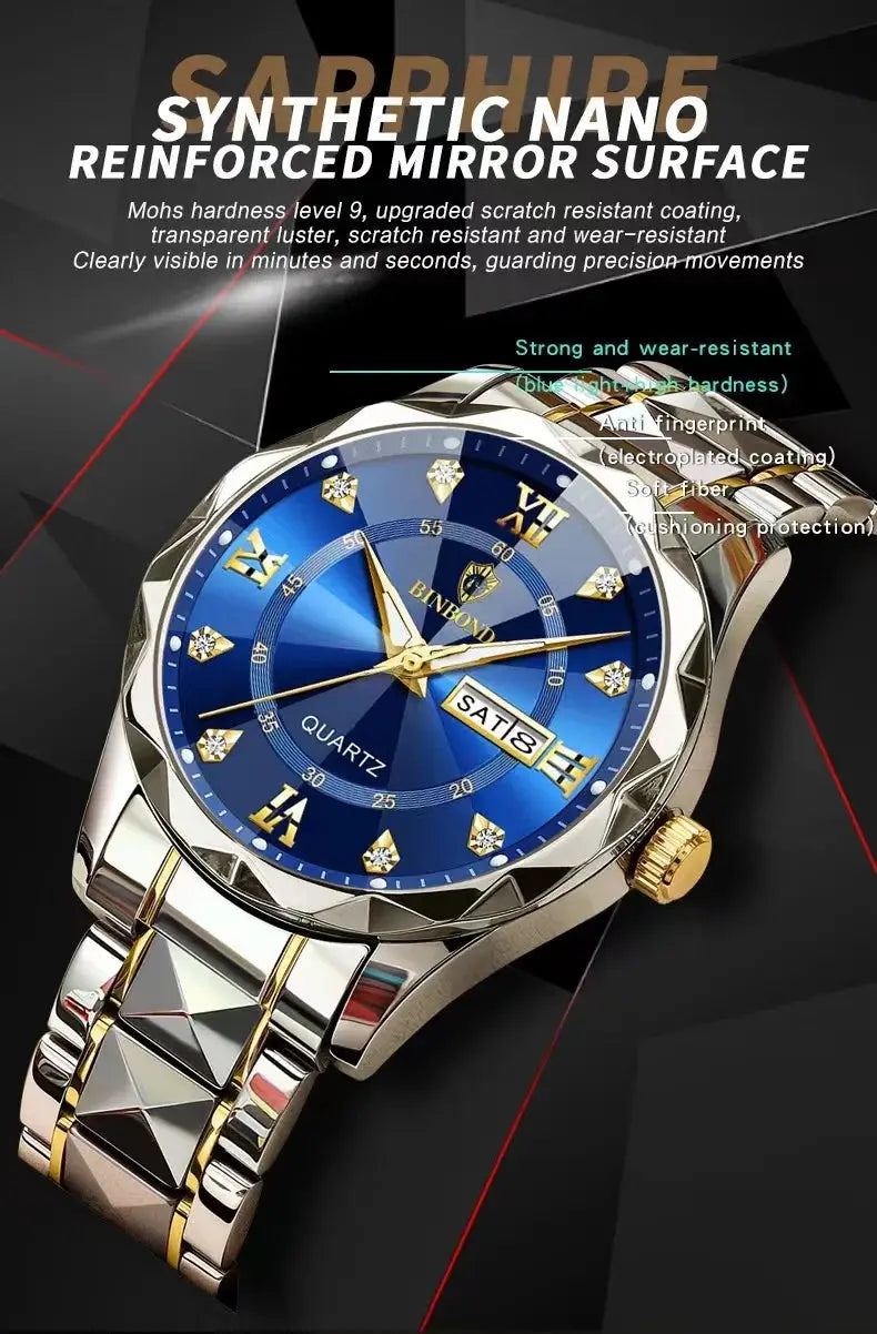 BINBOND Top Brand Luxury Fashion Quartz Watch Men Waterproof Week Date Clock Stainless Steel Sport Watch Men Quartz Wristwatch Classicenvision