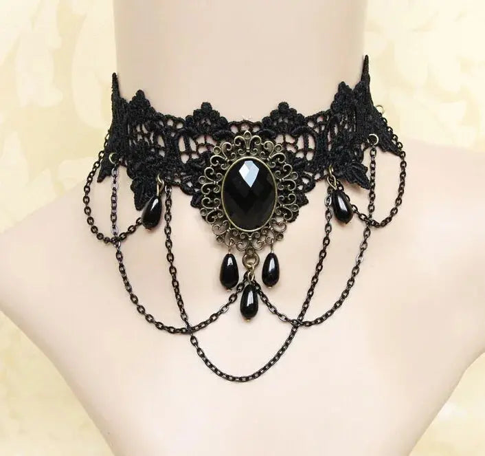 NEW Gothic Victorian Black Water Drop Pendant Lace Necklace Women Girl Tassel Steampunk Style Halloween Jewelry Earings for Girl Classicenvision