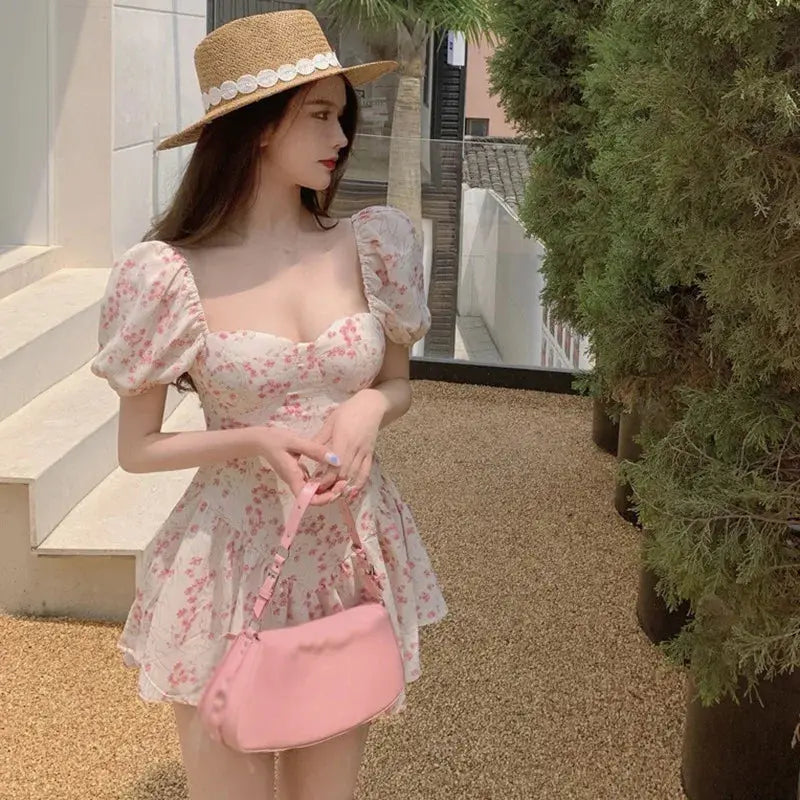 Women's Floral Dress French Style Ruffled Puff Sleeve Square Neck High Waist Casual Summer Short Chiffon Dress Classicenvision