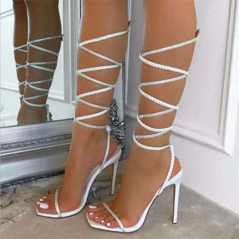 2024 Summer Woman Shoes High Heels Sexy Leather Gladiator Sandals Fashion Black Ankle Strap Crystal Open Toe Shoes Classicenvision