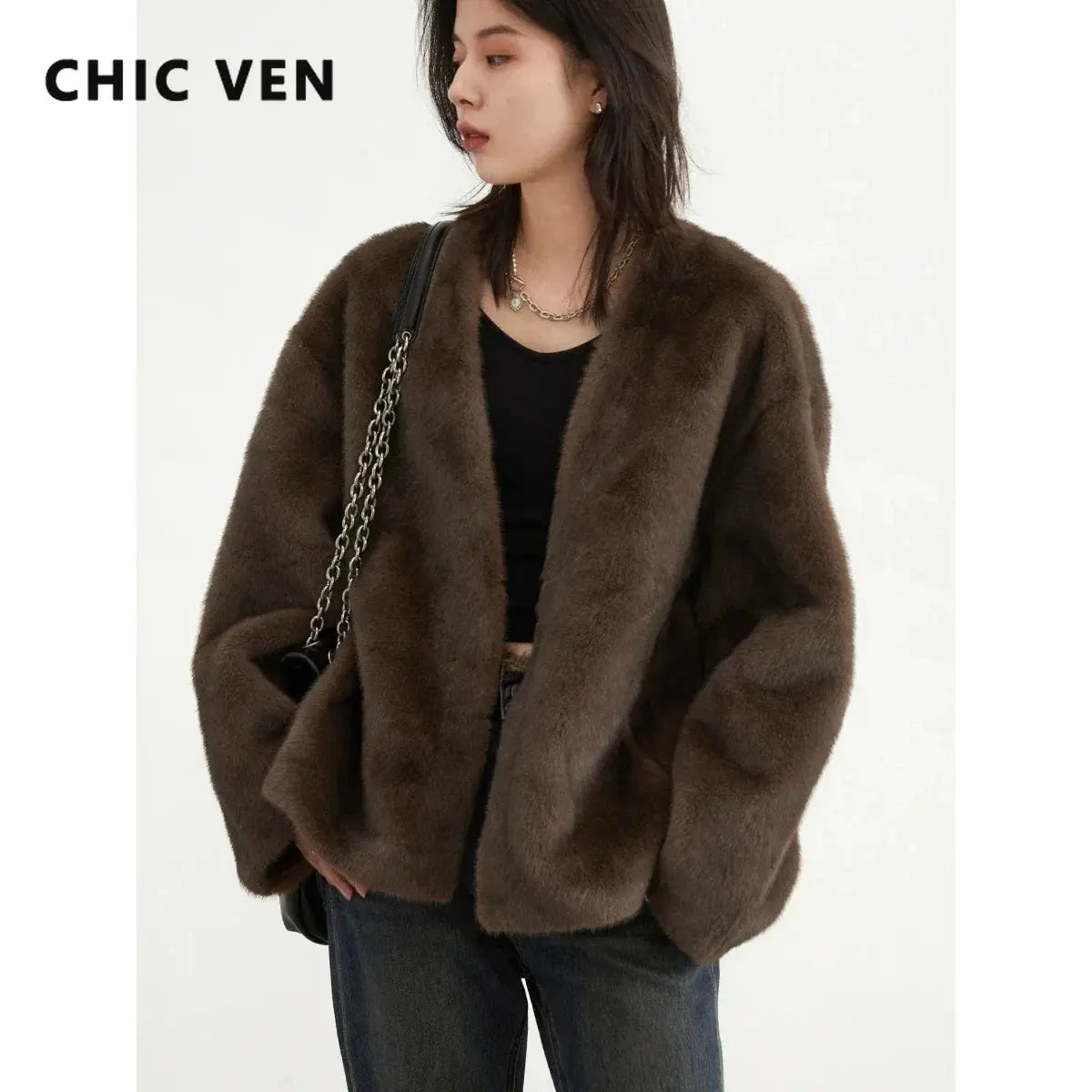 CHIC VEN Women's Jacket Loose Casual Solid Overcoat New Female Plush Coat V-neck Woman Outerwear Autumn Winter 2023 Classicenvision