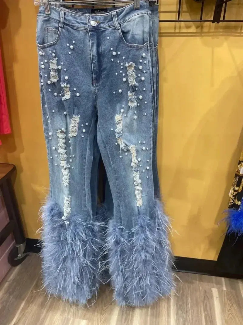 Feathers and Pearls Denim Pants - Classicenvision