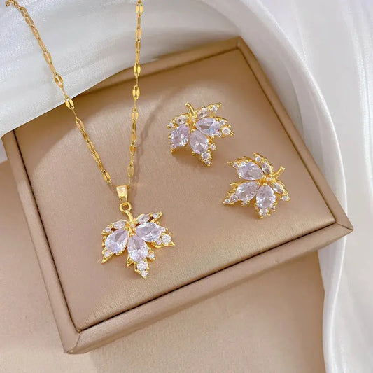 Fashion Micro-inlaid Necklace Earring Set Light Luxury Maple Leaf Personality Temperament Banquet Earrings Clavicle Chain Classicenvision