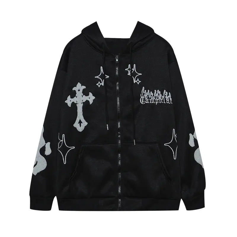 Europe and the United States Autumn and Winter Hoodie Embroidered Cross Fire Jacket Plus Cashmere Lovers Loose Sweater Classicenvision