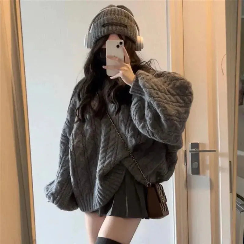 Autumn Winter Women Sweater Harajuku Oversized Knitted Pullovers Korean Long Sleeve V Neck Knitwear Preppy Solid Loose Jumper Classicenvision