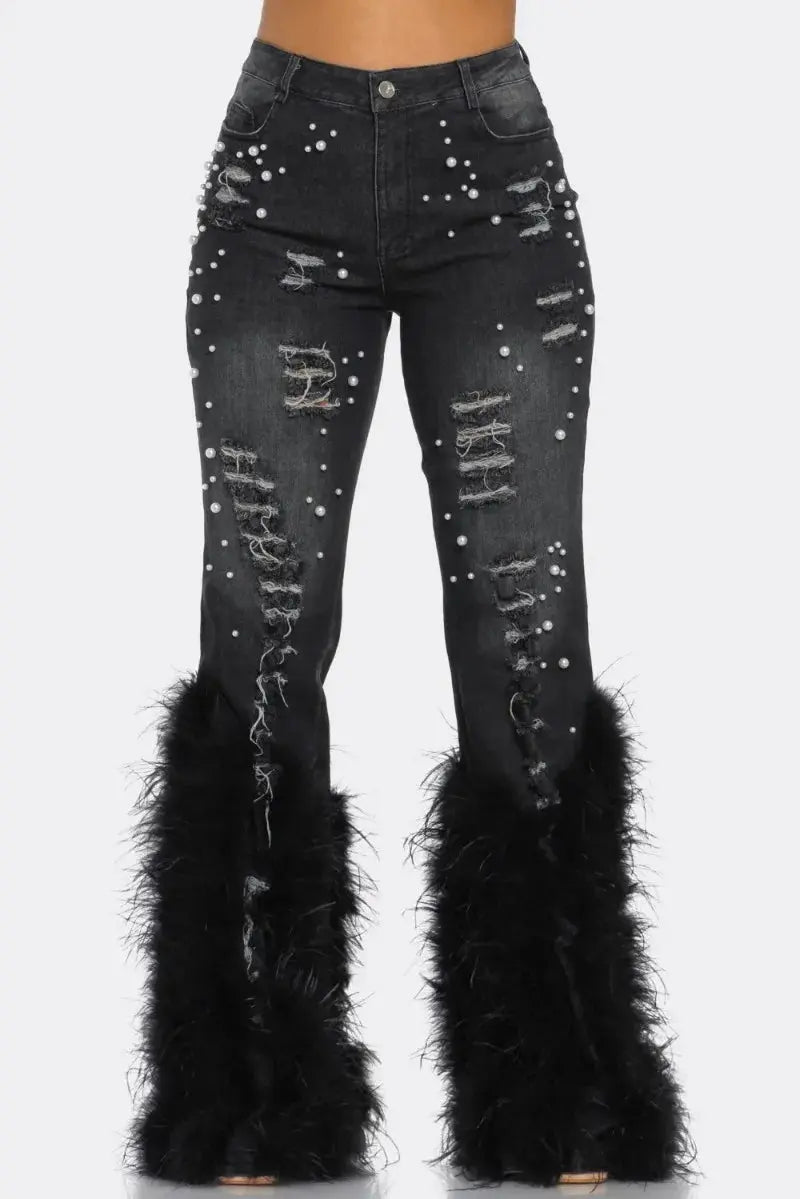 Feathers and Pearls Denim Pants - Classicenvision