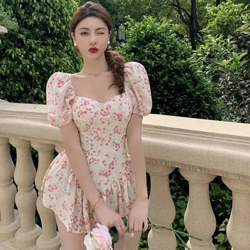 Women's Floral Dress French Style Ruffled Puff Sleeve Square Neck High Waist Casual Summer Short Chiffon Dress Classicenvision