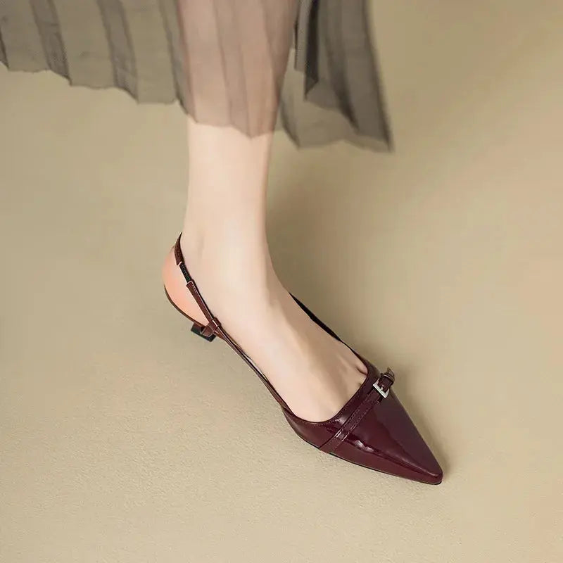 2024 New Summer French Wine Red Pointed Patent Leather Mid-heel Overhead Sandals for Women Retro Skinny Heel Back Empty Shoes Classicenvision