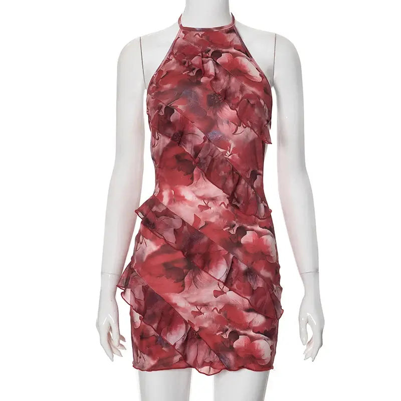 CUTENOVA Floral Printing Ruffles Mini Dress Women Sexy Halter Backless Body-Shaping Vacation Dresses 2024 Summer Holiday Beach Classicenvision