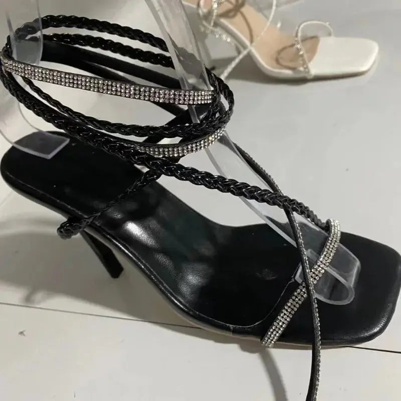 2024 Summer Woman Shoes High Heels Sexy Leather Gladiator Sandals Fashion Black Ankle Strap Crystal Open Toe Shoes Classicenvision