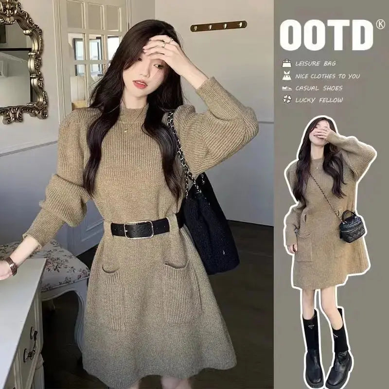 Autumn/Winter Knitted Top Waist-Fitted Slimming Dress For Women New Arrival Trendy Korean Style Fashionable Base Skirt - Classicenvision