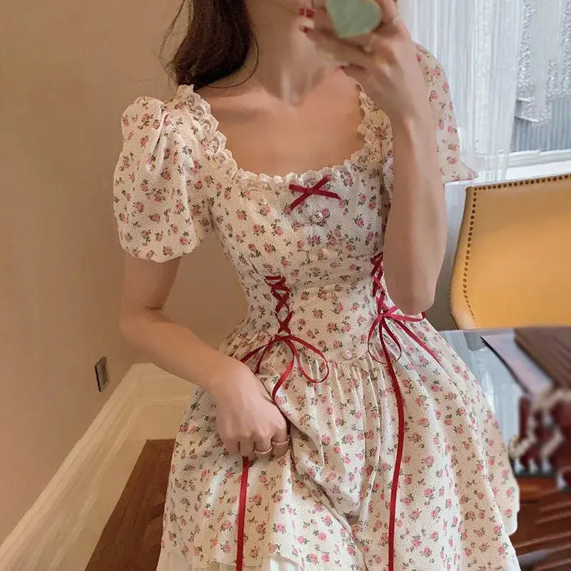 Summer Floral Printing Women's Puff Sleeve Cute Bow Tie Lace Ruffle Dress Sweety's Short Princess Dress Soft Cotton Breathable Classicenvision