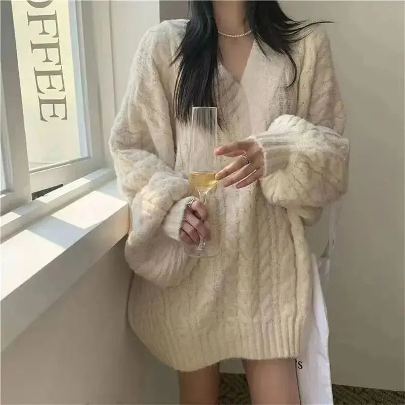 Autumn Winter Women Sweater Harajuku Oversized Knitted Pullovers Korean Long Sleeve V Neck Knitwear Preppy Solid Loose Jumper Classicenvision