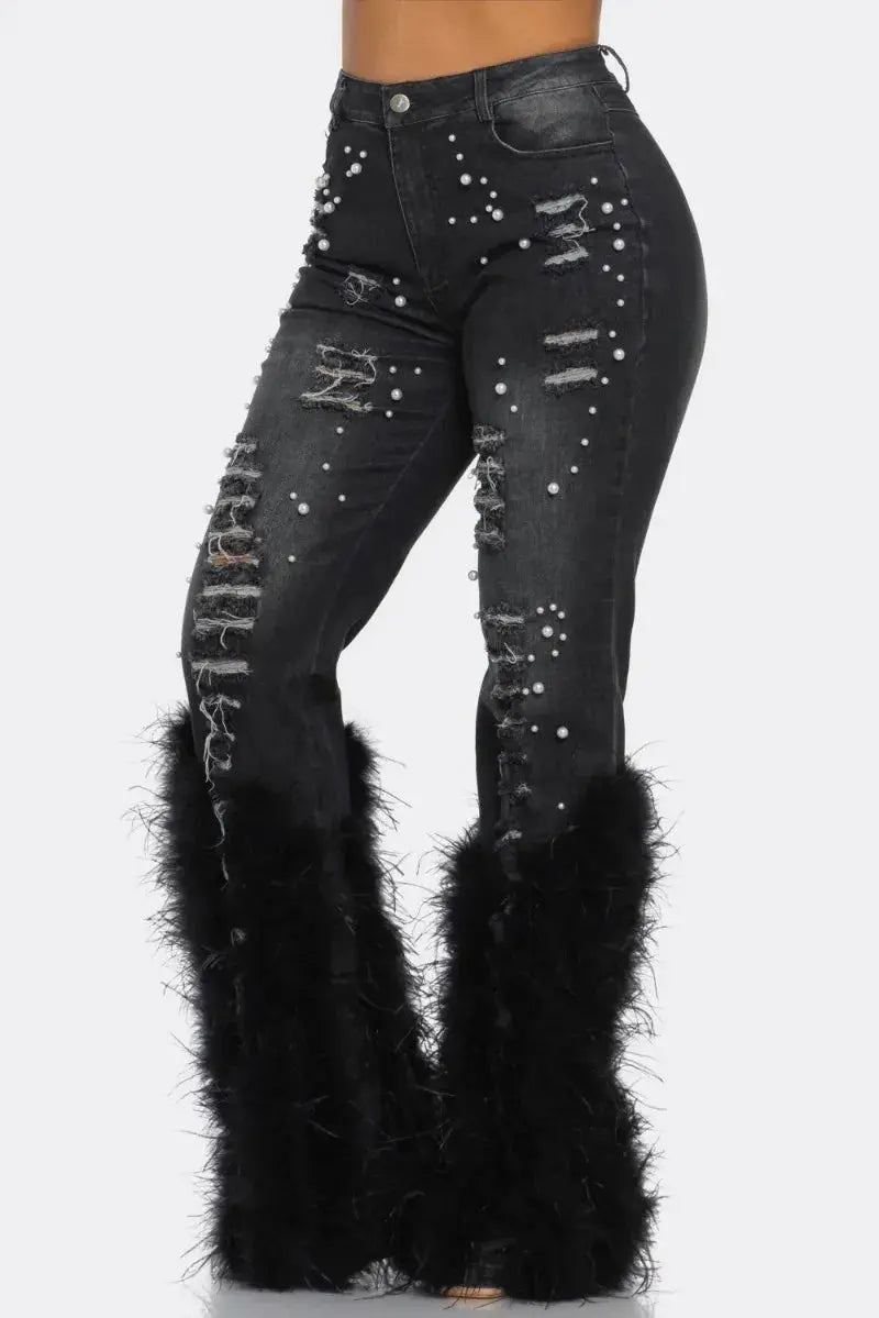 Feathers and Pearls Denim Pants - Classicenvision