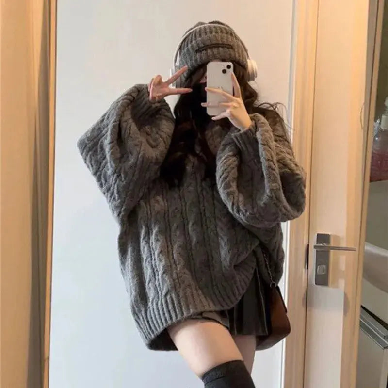 Autumn Winter Women Sweater Harajuku Oversized Knitted Pullovers Korean Long Sleeve V Neck Knitwear Preppy Solid Loose Jumper Classicenvision