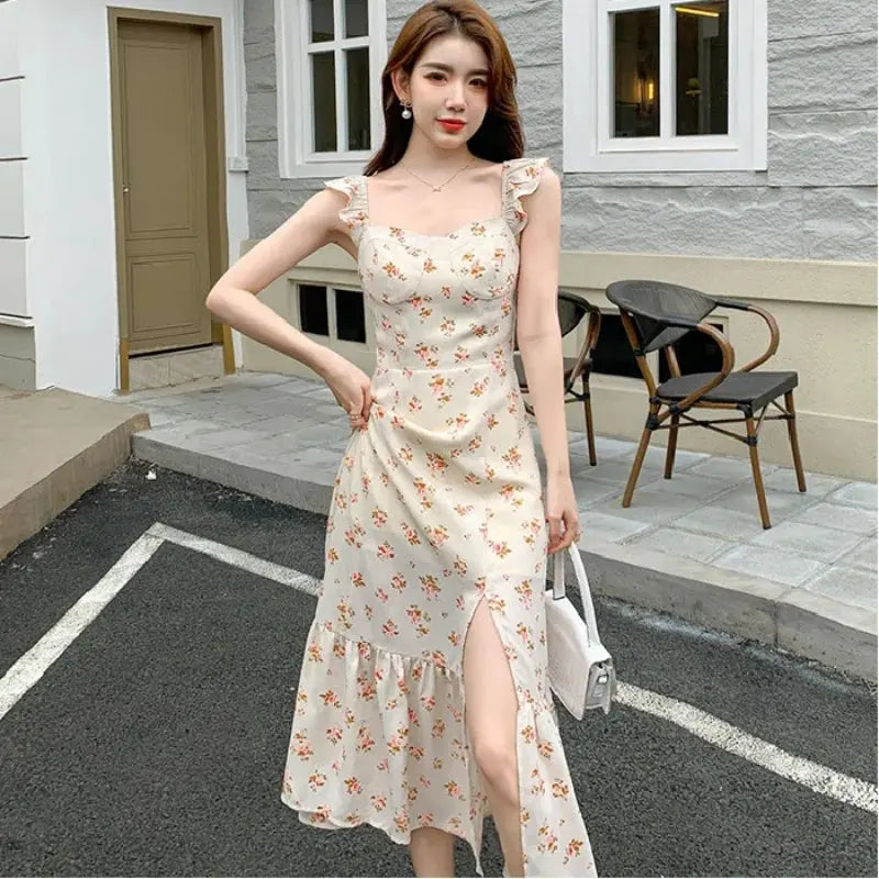 French style Hot selling Women's dress Elegant temperament Floral Skirt suspender dress  Side Split  slim Female tops Gentle Classicenvision