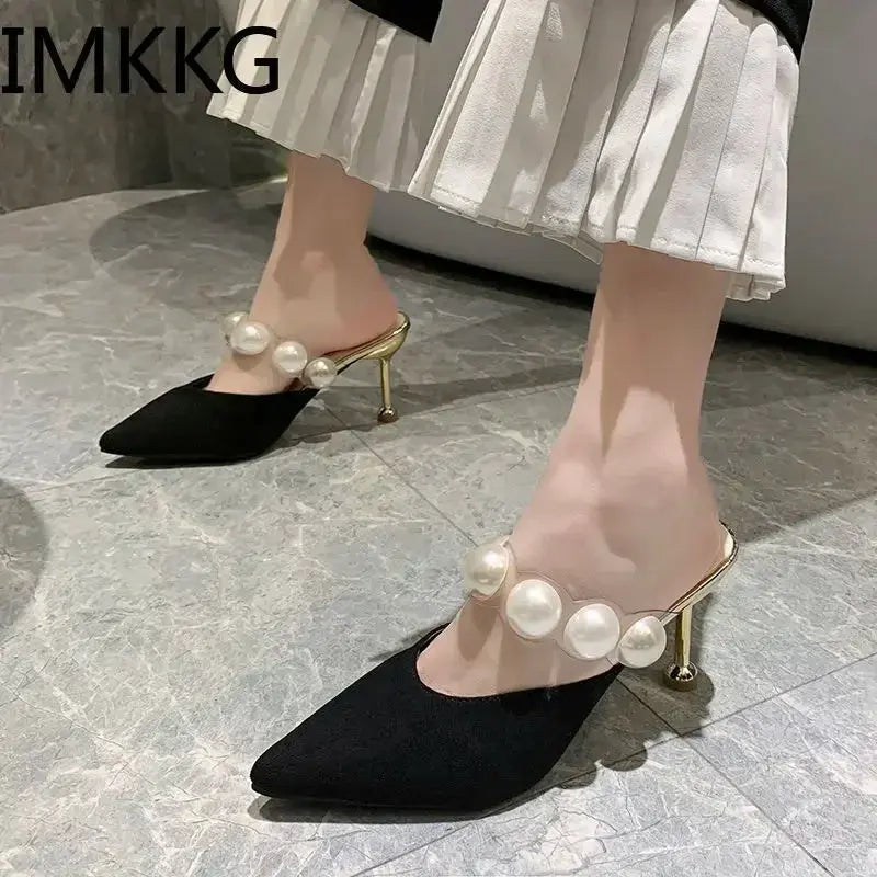 Pearl Black Sandals Women Summer Autumn Shoes Woman Thin Heels 2020 Womens Outdoor High Heels Woman mules Classicenvision