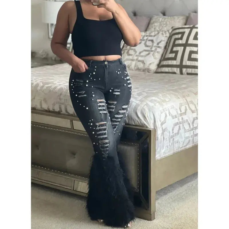 Feathers and Pearls Denim Pants - Classicenvision