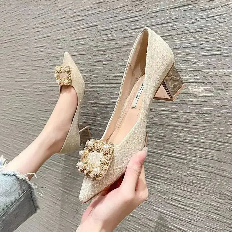 2024 Summer New Diamond Pearl Brand Designer Women's High Heels Outdoor Walking Shopping Women's Large Size Heeled Shoes 34-42 Classicenvision