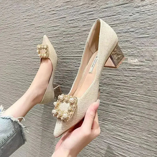 2024 Summer New Diamond Pearl Brand Designer Women's High Heels Outdoor Walking Shopping Women's Large Size Heeled Shoes 34-42 Classicenvision