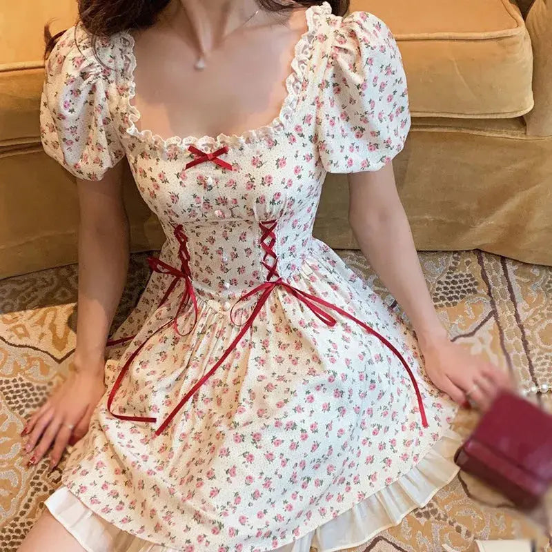 Summer Floral Printing Women's Puff Sleeve Cute Bow Tie Lace Ruffle Dress Sweety's Short Princess Dress Soft Cotton Breathable Classicenvision