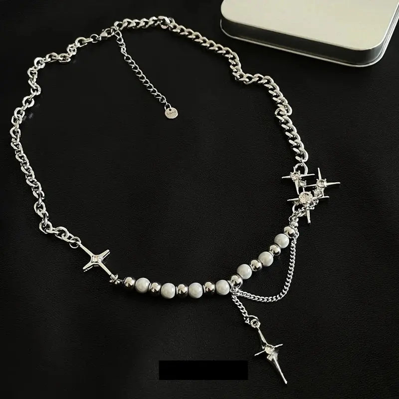 Kpop Zircon Cross Star Beaded Necklace Men Imitation Pearl Star Pendant Necklaces Y2K Hiphop Star Tassel Choker Necklace Unisex Classicenvision