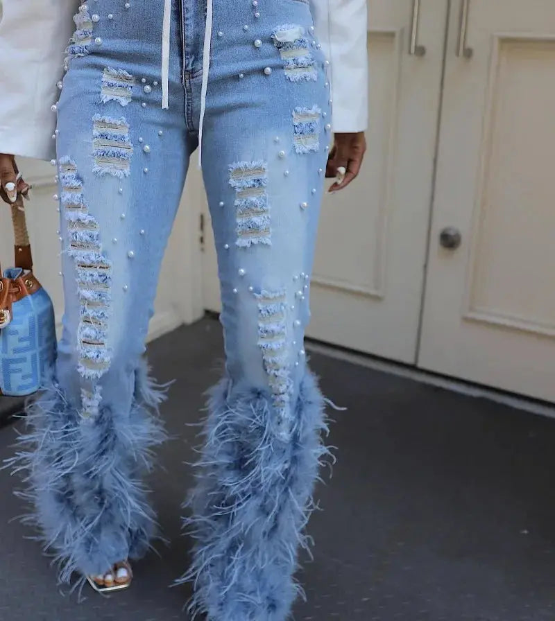 Feathers and Pearls Denim Pants - Classicenvision