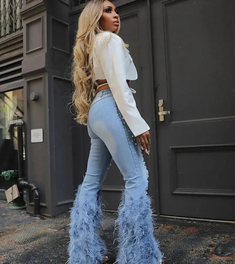 Feathers and Pearls Denim Pants - Classicenvision