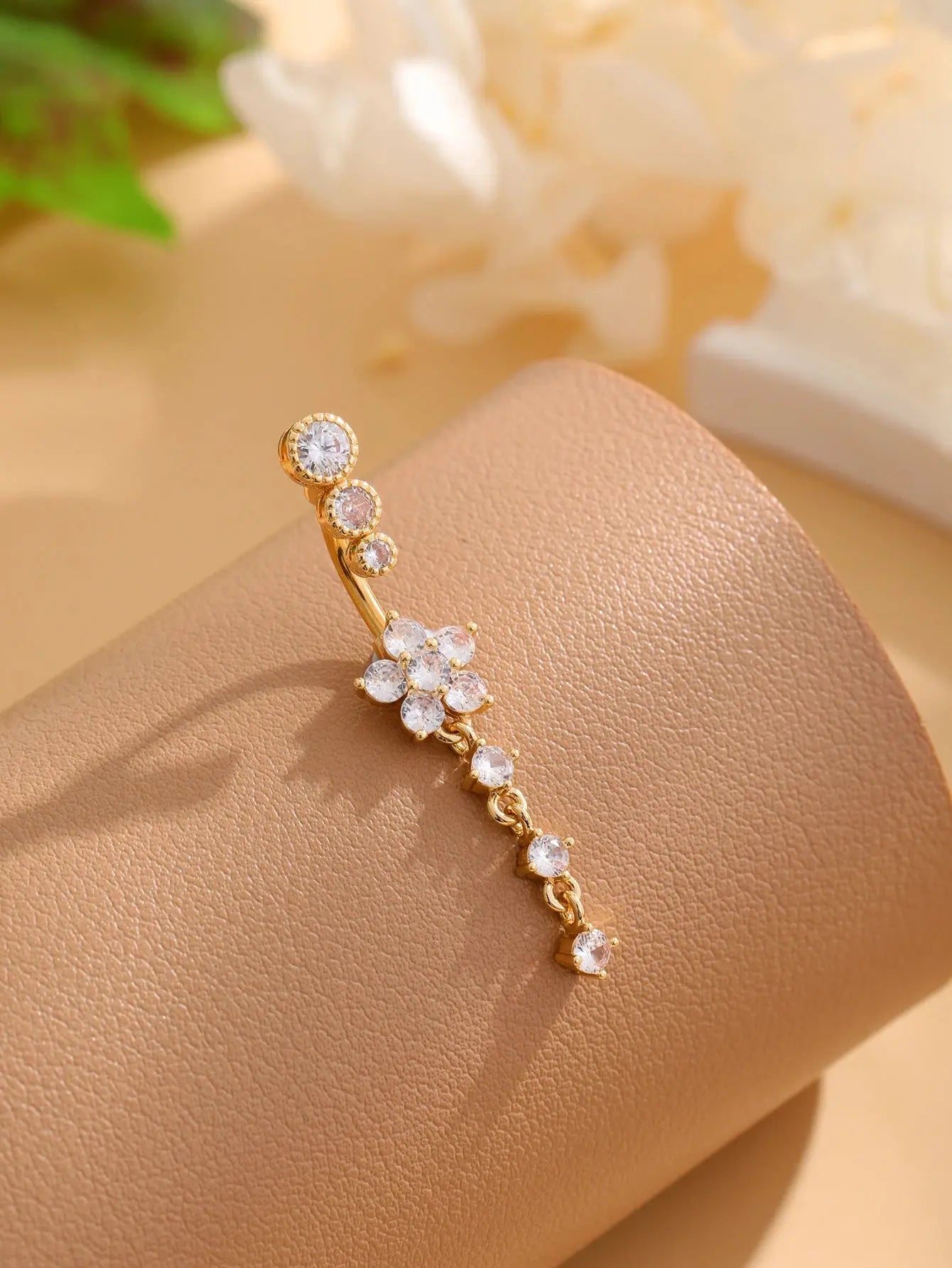 Gold Color Stainless Steel Belly Button Ring Long Dangled Flower CZ Crystal Navel Belly Piercing Rings for Women Sexy Jewelry Classicenvision