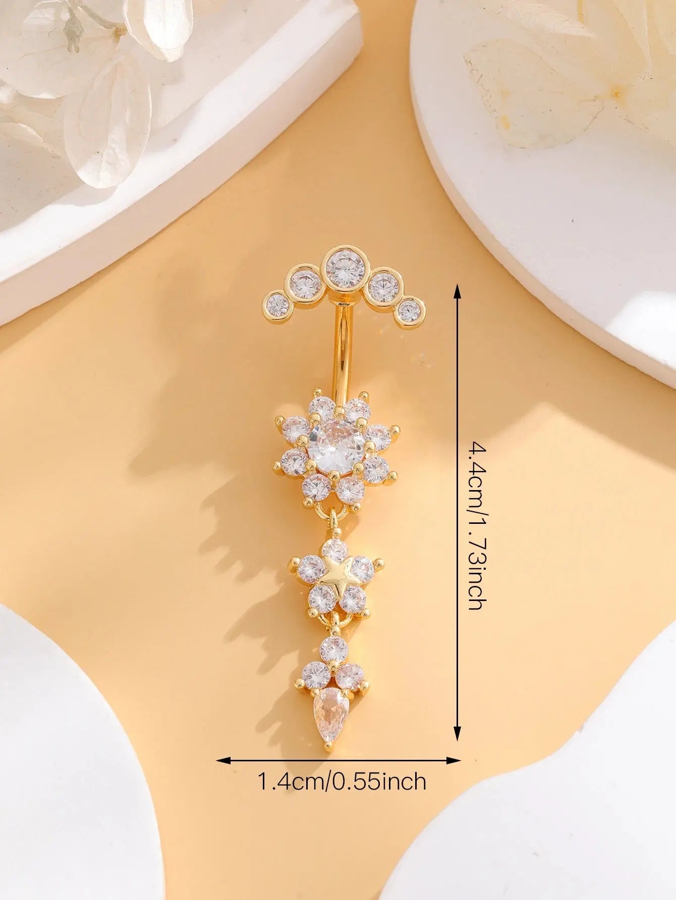 Gold Color Stainless Steel Belly Button Ring Long Dangled Flower CZ Crystal Navel Belly Piercing Rings for Women Sexy Jewelry Classicenvision