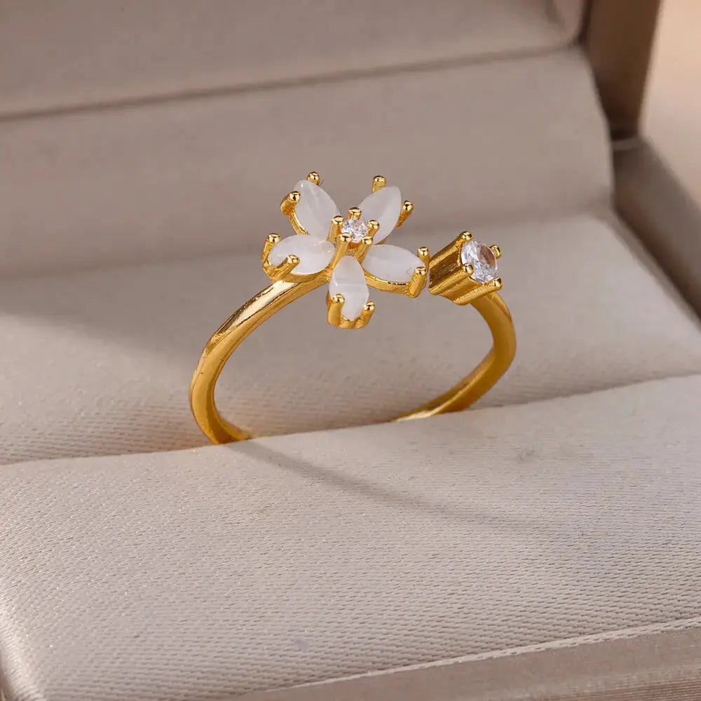 Exquisite Cubic Zircon Flower Rings for Women Men Gold Color Open Adjustable Stainless Steel Ring Wedding Couple Jewelry anillos Classicenvision