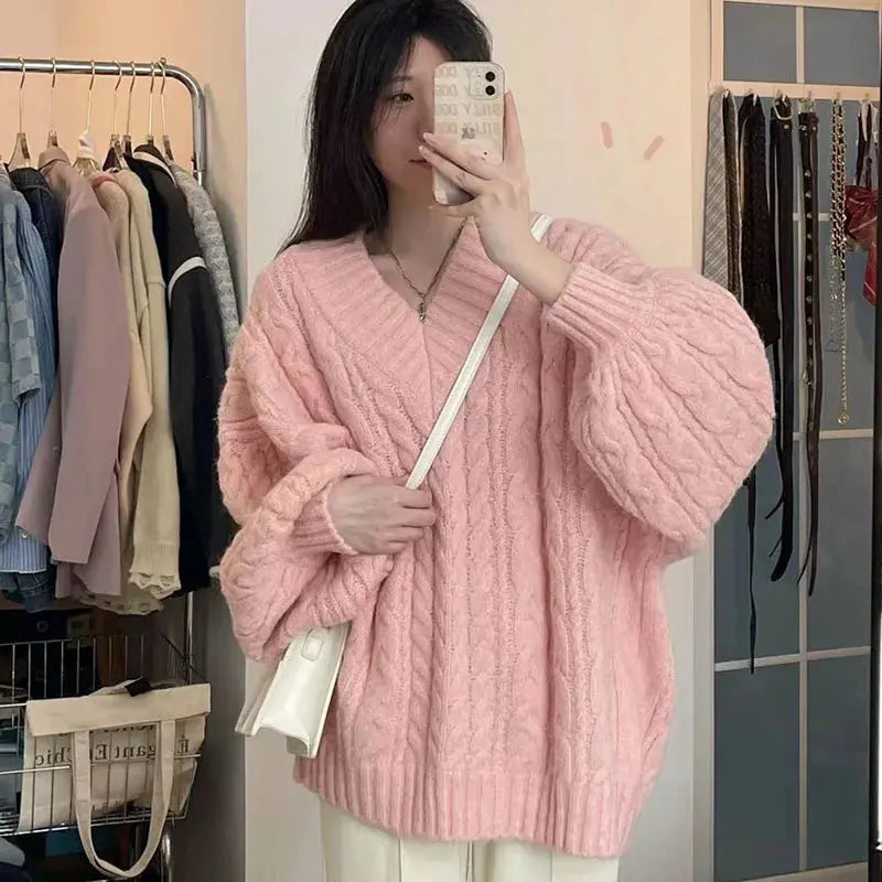 Autumn Winter Women Sweater Harajuku Oversized Knitted Pullovers Korean Long Sleeve V Neck Knitwear Preppy Solid Loose Jumper Classicenvision