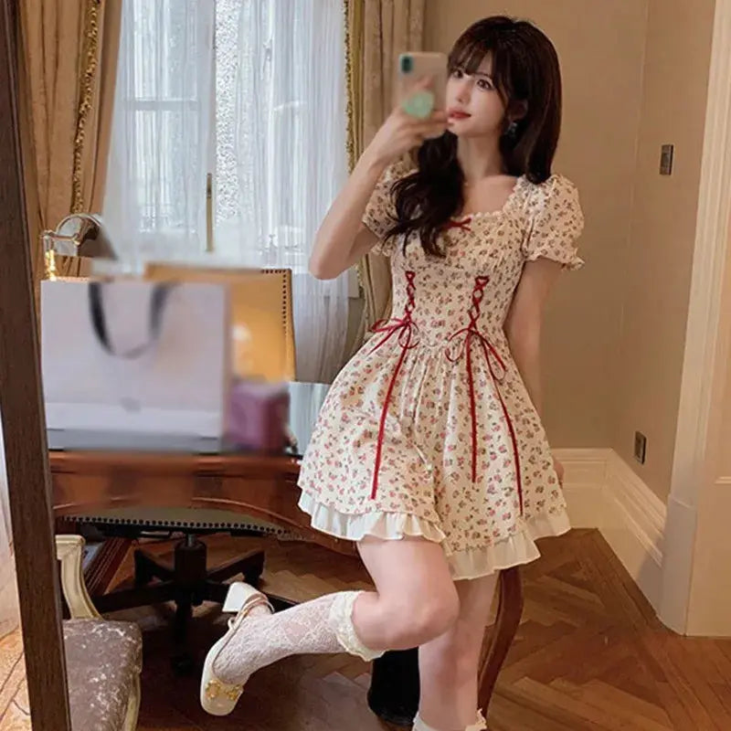 Summer Floral Printing Women's Puff Sleeve Cute Bow Tie Lace Ruffle Dress Sweety's Short Princess Dress Soft Cotton Breathable Classicenvision