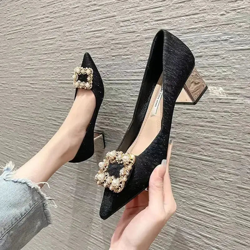 2024 Summer New Diamond Pearl Brand Designer Women's High Heels Outdoor Walking Shopping Women's Large Size Heeled Shoes 34-42 Classicenvision