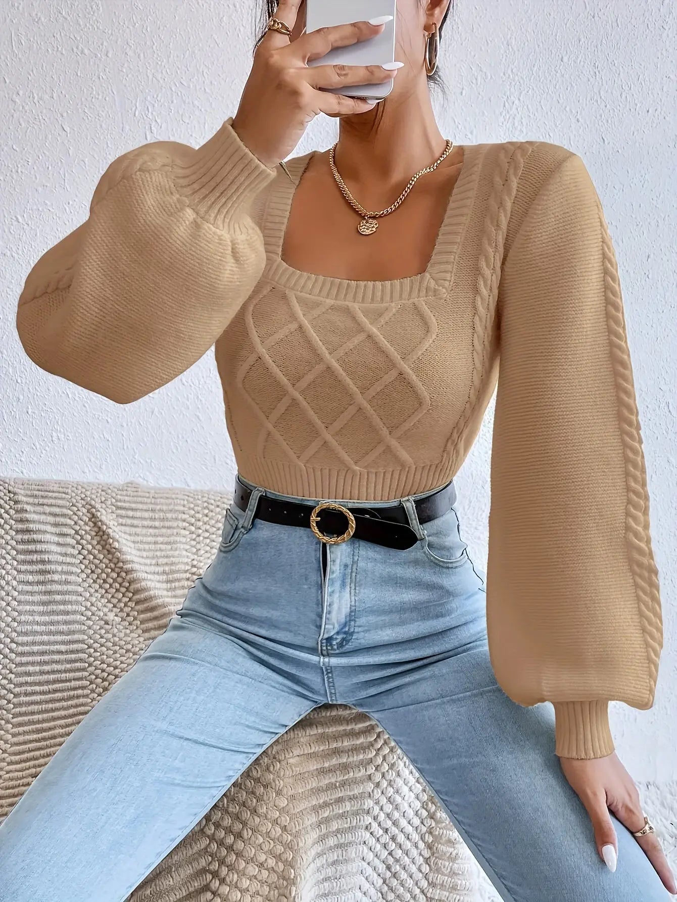 Cozy Cable Knit Square Neck Sweater - Pullovers - Soft, Casual Long Sleeve Pullover Sweater for Fall & Winter, Women's Clothing, Perfect for Daily Wear, Outdoor Activities, and Gift Ideas Classicenvision