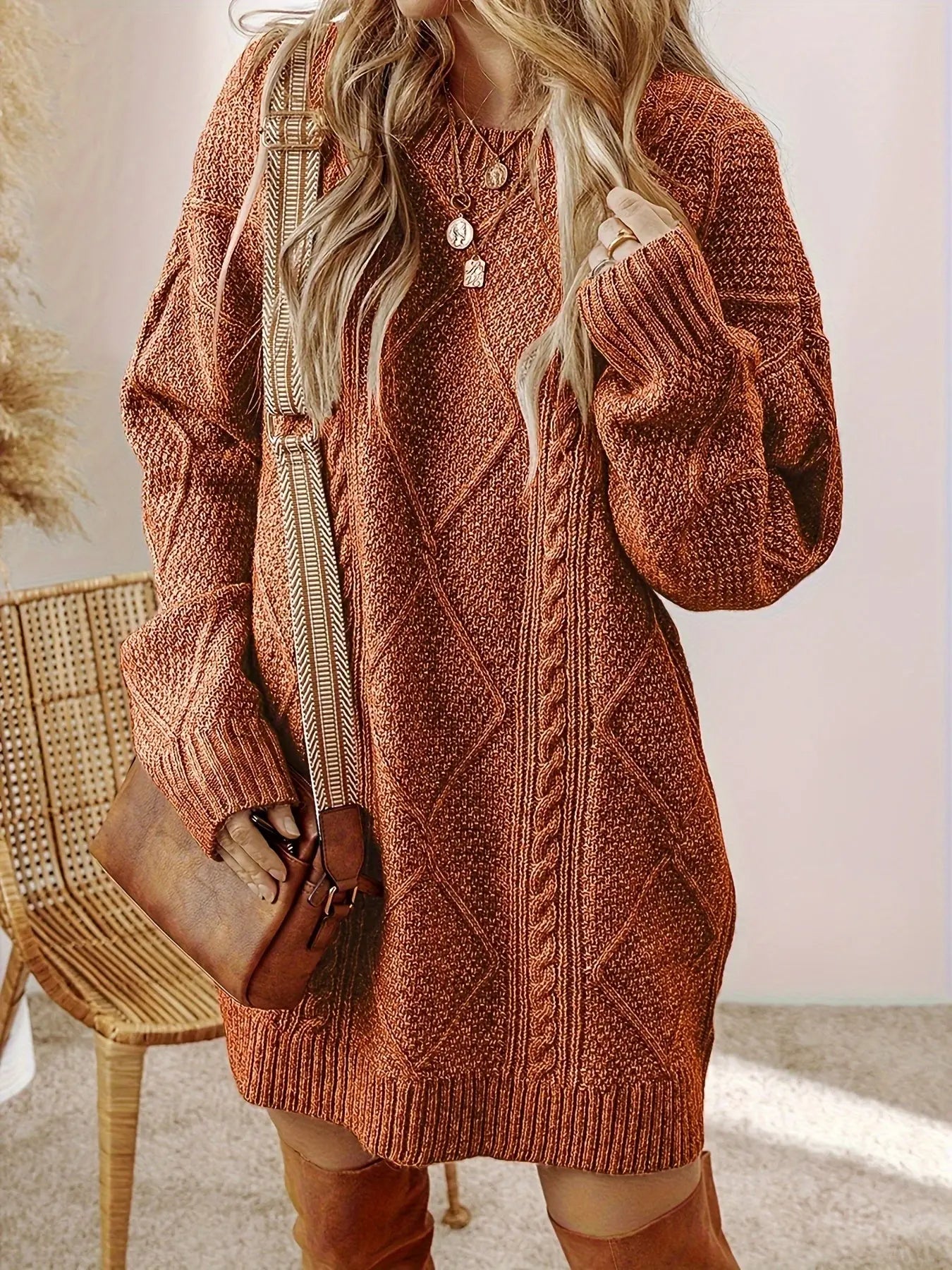 Cable Knit Drop Shoulder Loose Fit Sweater Dress Classicenvision