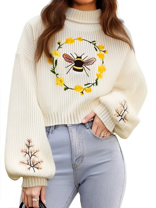 Women's Autumn And Winter Fashion Bee Flower Embroidery High Neck Woolen Knit Top Classicenvision