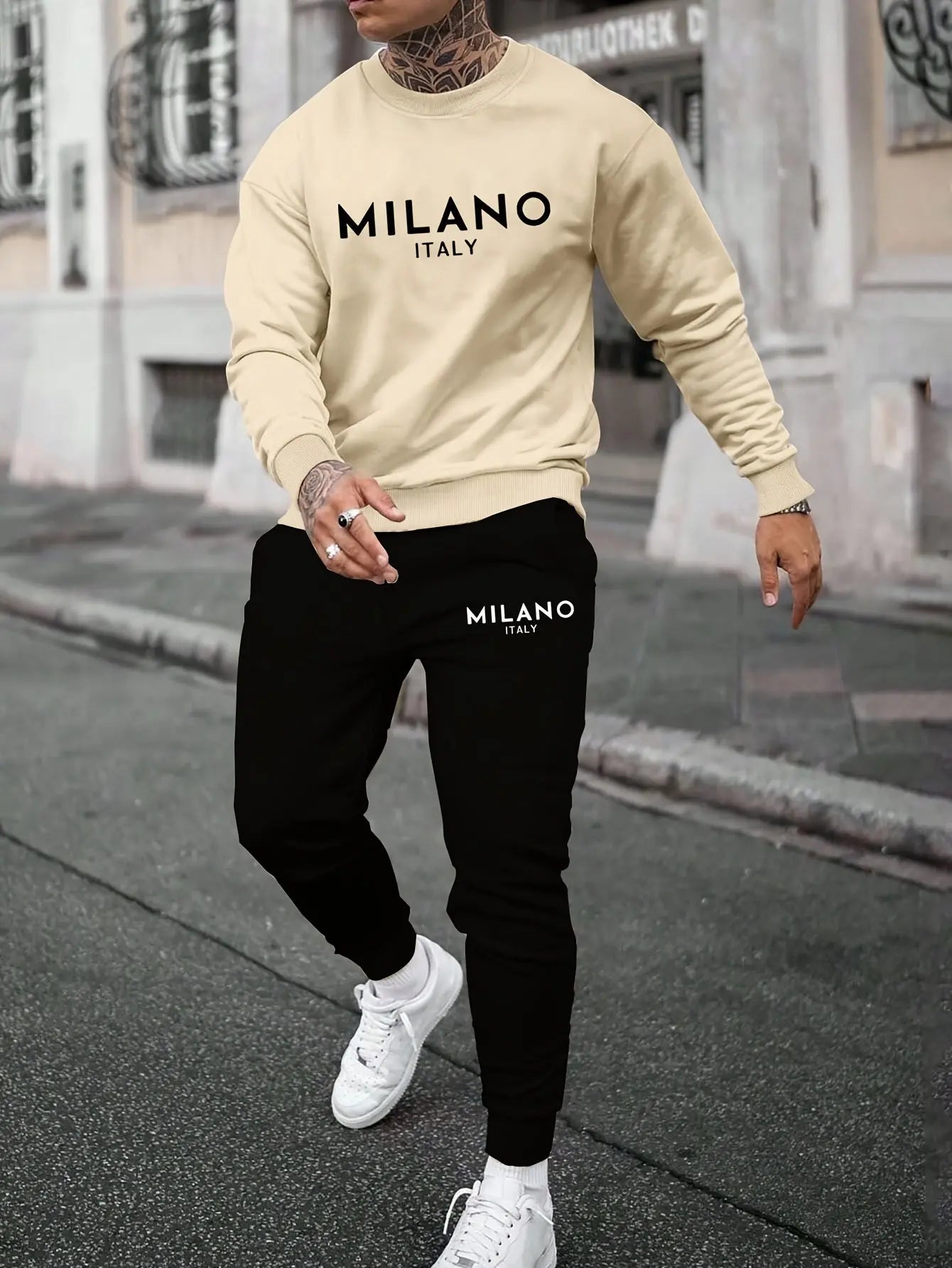 MILANO ITALY Print Men's 2pcs Stylish Outfits, Comfortable Sweatshirt & Versatile Sweatpants Set, Meticulously Crafted For Everyday Wear, Best Fall And Winter Choice Classicenvision