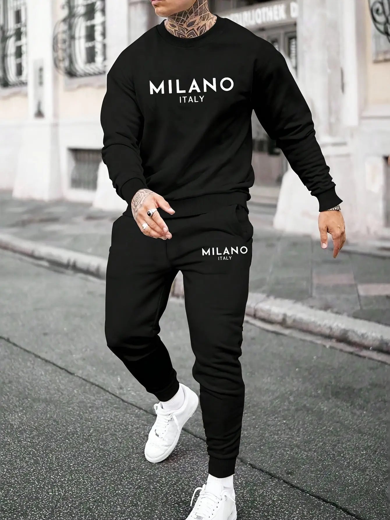 MILANO ITALY Print Men's 2pcs Stylish Outfits, Comfortable Sweatshirt & Versatile Sweatpants Set, Meticulously Crafted For Everyday Wear, Best Fall And Winter Choice Classicenvision