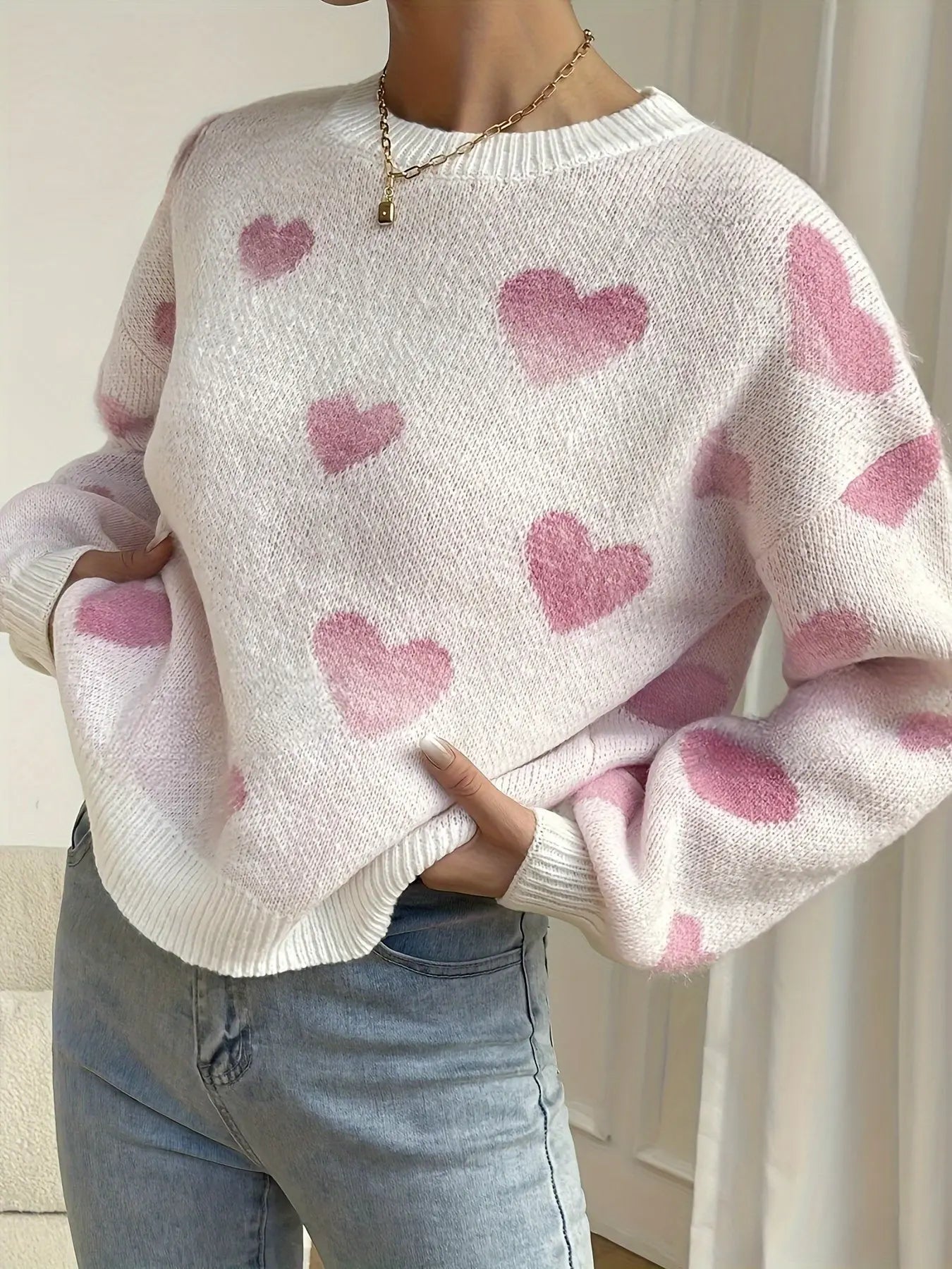 Cozy Heart Pattern Crew Neck Sweater - Women's Clothing - Elegant Drop Shoulder Long Sleeve Sweater for Fall and Winter, Soft and Warm Knitwear for Ladies, Perfect for Casual Daily Wear and Holiday Gifts Classicenvision