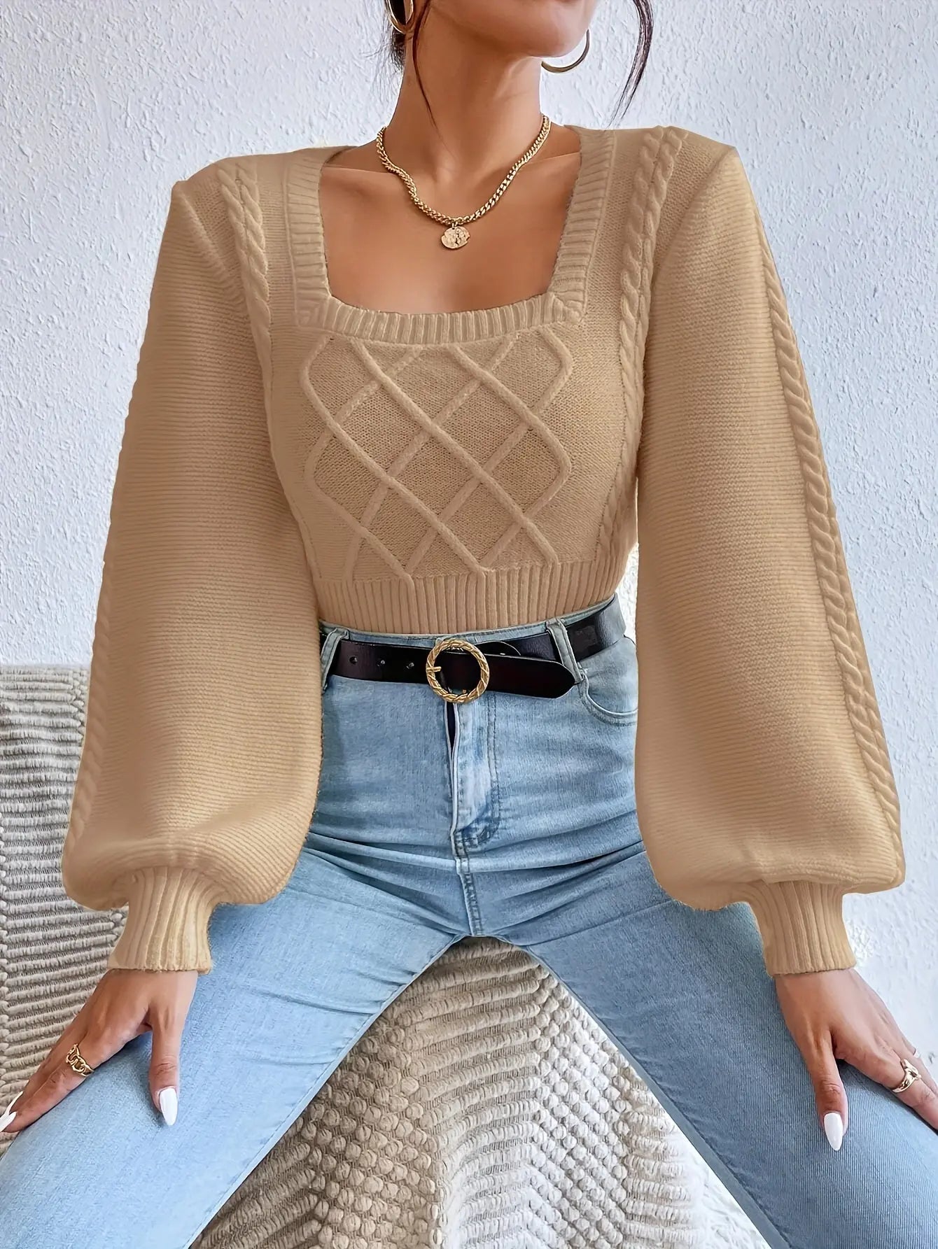 Cozy Cable Knit Square Neck Sweater - Pullovers - Soft, Casual Long Sleeve Pullover Sweater for Fall & Winter, Women's Clothing, Perfect for Daily Wear, Outdoor Activities, and Gift Ideas Classicenvision