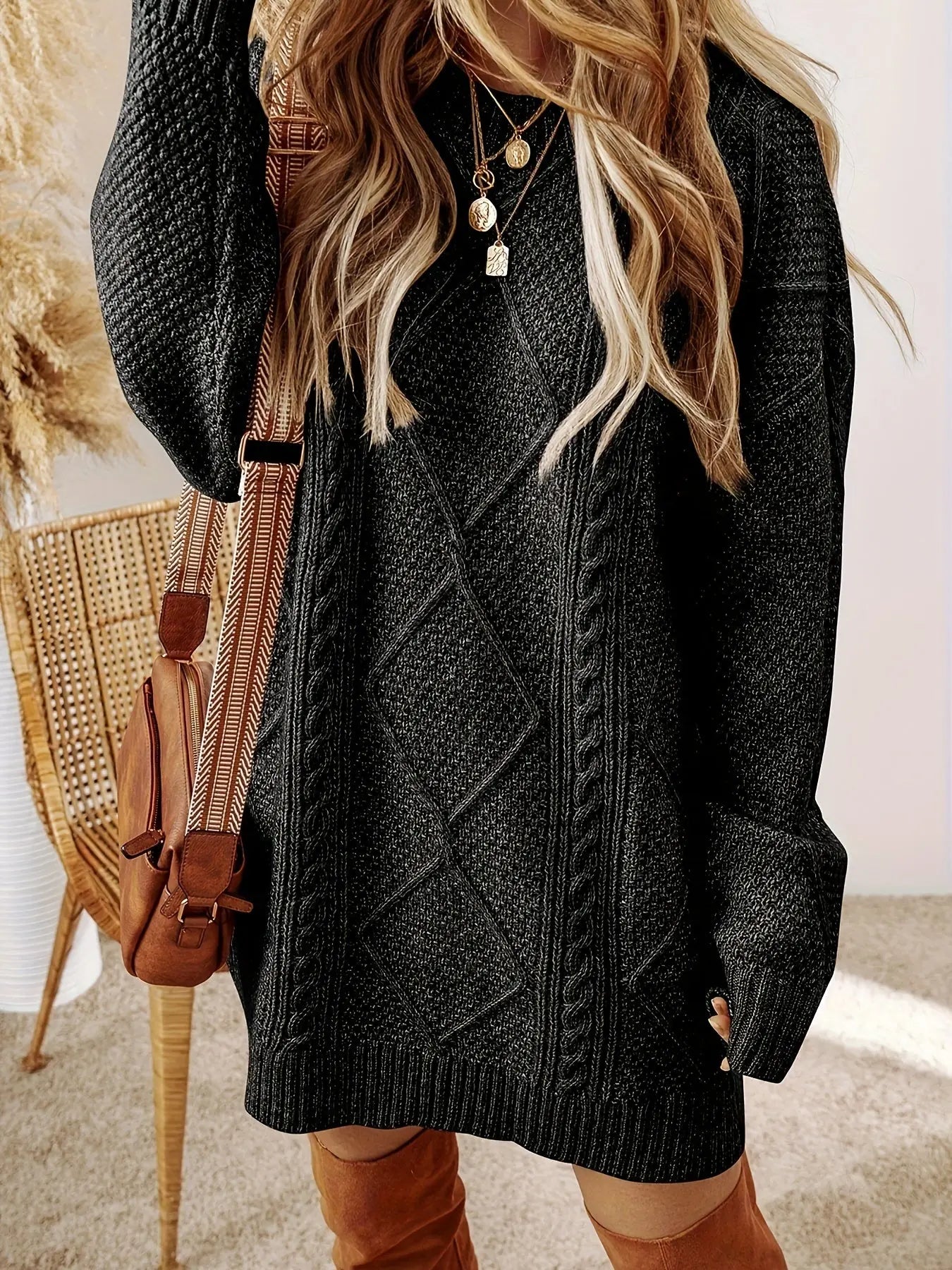 Cable Knit Drop Shoulder Loose Fit Sweater Dress Classicenvision